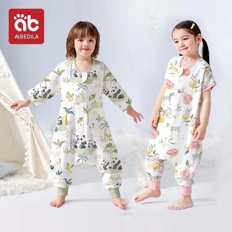 AIBEDILA Kinderschlafsack für Kinder 0–7 Jahre Kinder Overall Sommer Baby Schlafsack atmungsaktiv Bambus Baumwolle frischer Grasdruck Image