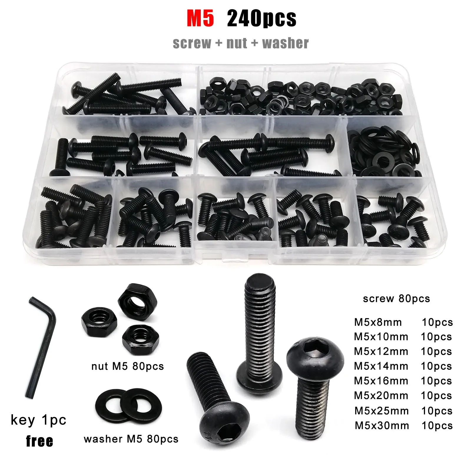 M1,6 M2 M2,5 M3 M4 M5 M6 M8 Schwarz Güteklasse 10,9 Stahl Sechskant Innensechskant Innensechskant Rundkopfschraube Bolzen Mutter Sortiment Kit Box Image
