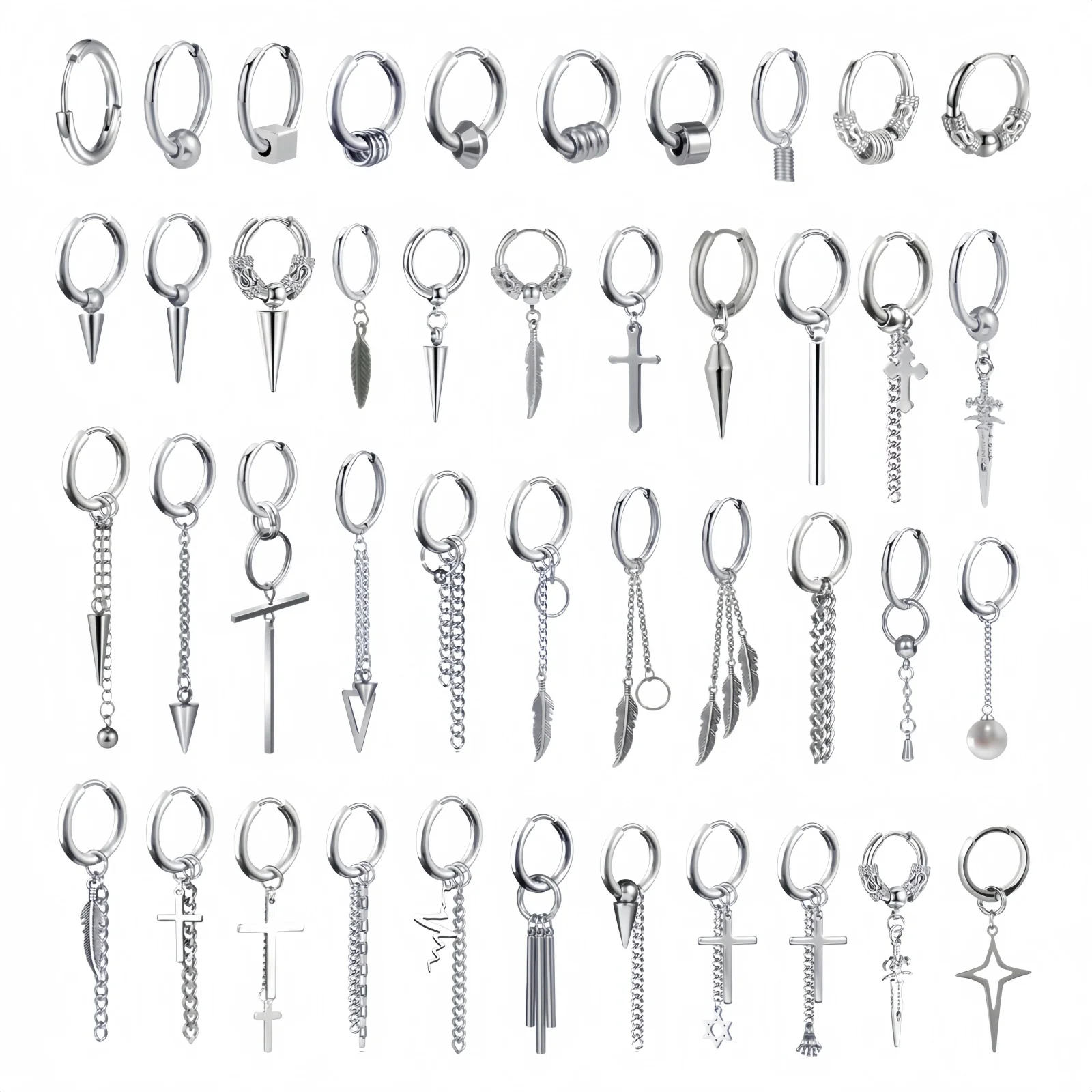 Lange hängende Kreuze Blätter Anhänger Creolen Frau Ohrringe Mann Vintage Edelstahl Hip Hop Ohr Piercing Schmuck Zubehör Image