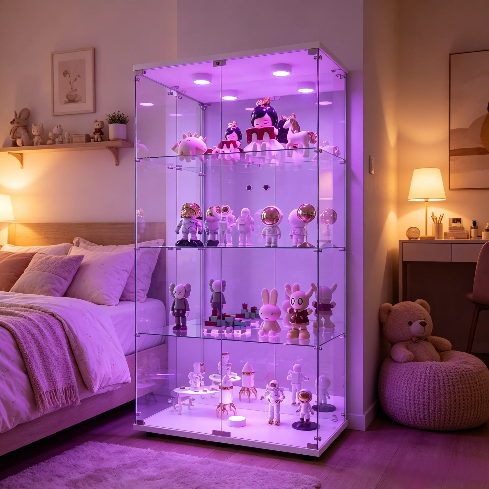 Glasvitrine mit LED-Beleuchtung, Glasvitrine Standvitrine mit led Tür und Schloss Sammlervitrine Modern Glas Vitrine Transparenter Vitrinenschrank Vitrine für Wohnzimmer Büro