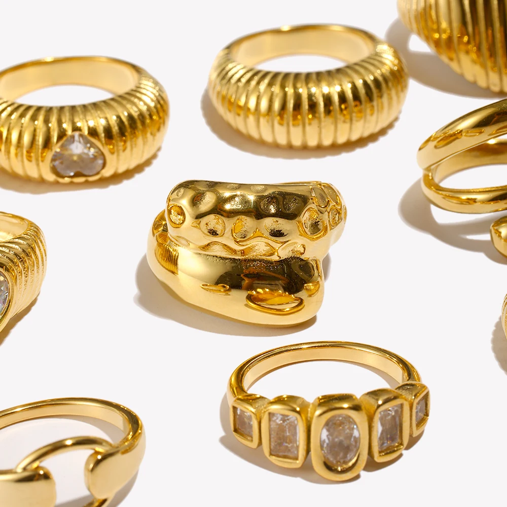 E.B.belle Neues Design Luxus Quadrat Herz Zirkon Breite Facettierte Linien Ring 18K Gold Überzogene Edelstahl Mode Frauen Schmuck Image