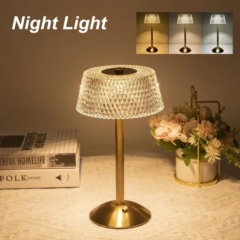 Klassische LED-Akku-Tischlampe, USB wiederaufladbar, Nachtlicht, Kaffeebar, Touch-Dimmung, Schreibtischlampe, Schlafzimmer-Dekoration, Kristall-Tischlampen