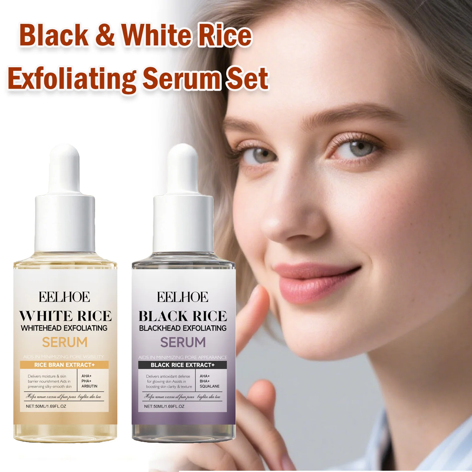 Schwarz-Weiß-Reis-Peeling-Serum-Set BHA Niacinamid Poren minimierendes und aufhellendes Hautpflege-Set zur Entfernung von Mitessern und Whitehead Image