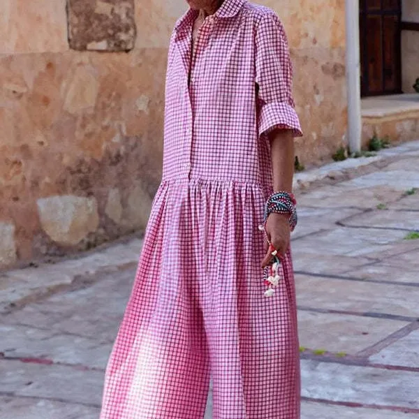 Lose Beiläufige Plaid Print Overall Mode Revers Einreiher Halbe Ärmeln Breite Bein Overall Frühling Sommer Mode Dame Neue Image