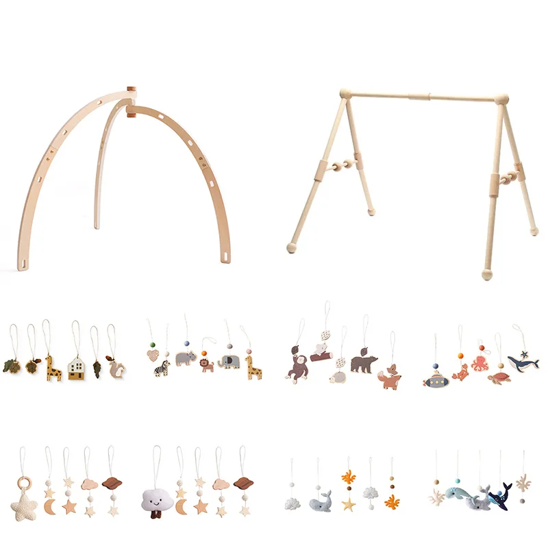 1Set Holz Rassel Beißringe Baby Spielzeug Spielen Gym Mobile Neugeborenen Sensorischen Struktur Baby Pflege Geschenke Handgemachte Kinderwagen Zubehör Image