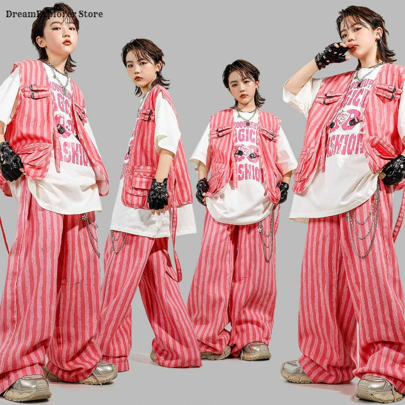 Jungen Hip Hop T-shirt Rosa Gestreifte Weste Street Dance Hosen Mädchen K-pop Kostüme Kinder Teenager Jazz Kleidung Sets Kinder streetwear