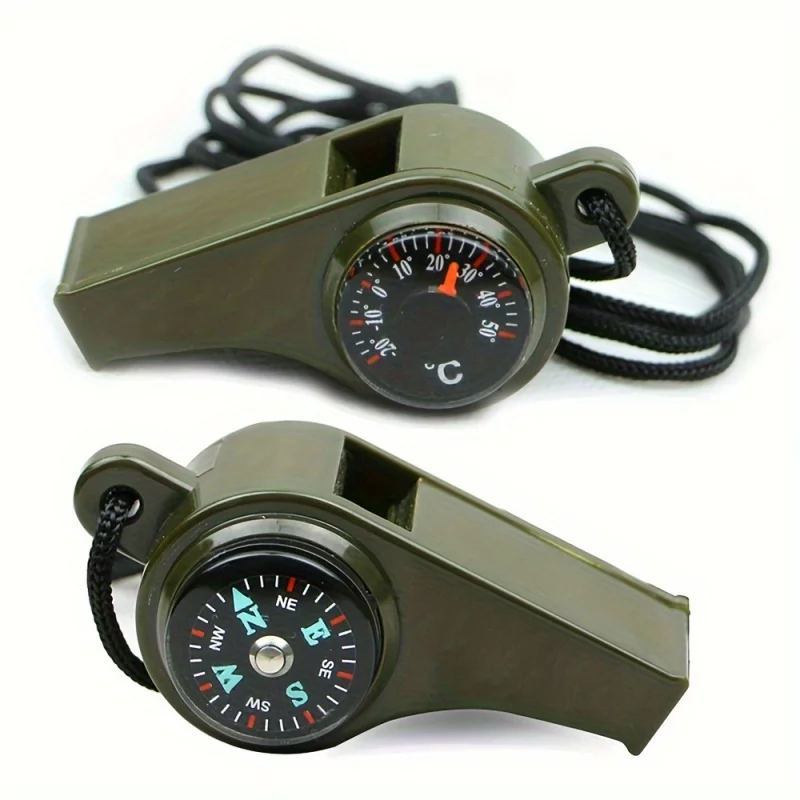 3-in-1-Notfall-Überlebenspfeife mit Kompass, Thermometer für Camping, Wandern, Outdoor-Abenteuer, langlebige Metallkonstruktion Image
