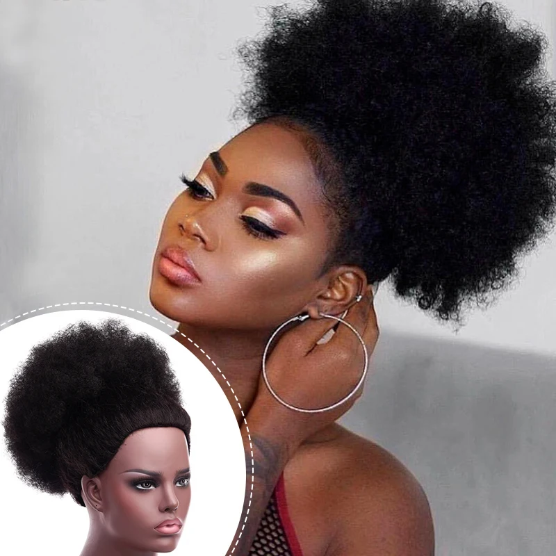 Afro Puff Kordelzug Pferdeschwanz für schwarze Frauen kurze verworrene lockige Afro Pferdeschwanz synthetische Haar Puffs Afro Bun Pferdeschwanz Image