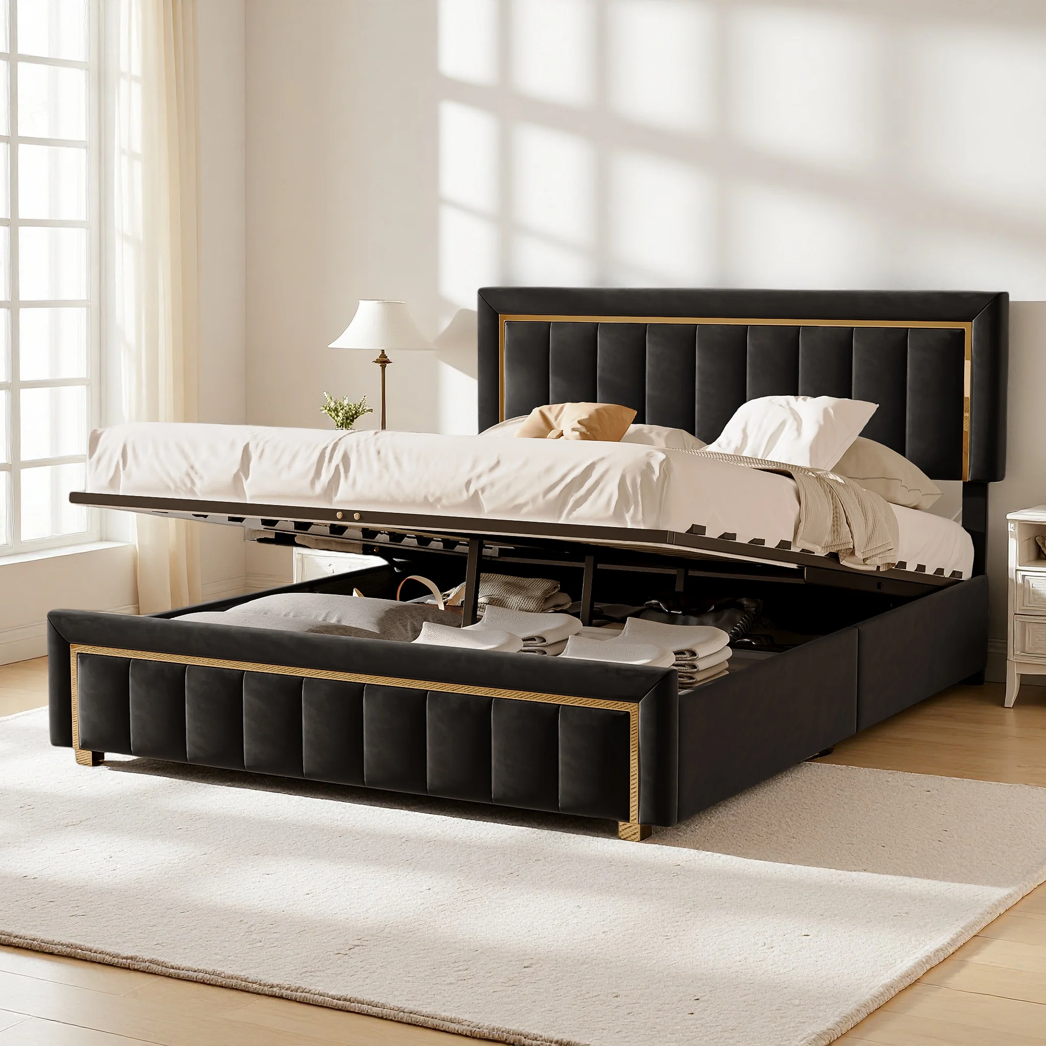 Gepolstertes Doppelbett 140x200, 2-Personen-Bett mit Lattenrost und Stauraum, Bettgestell mit Stauraum, vertikal gestepptes Kopfteil für Erwachsene/Jugendliche/Jungen