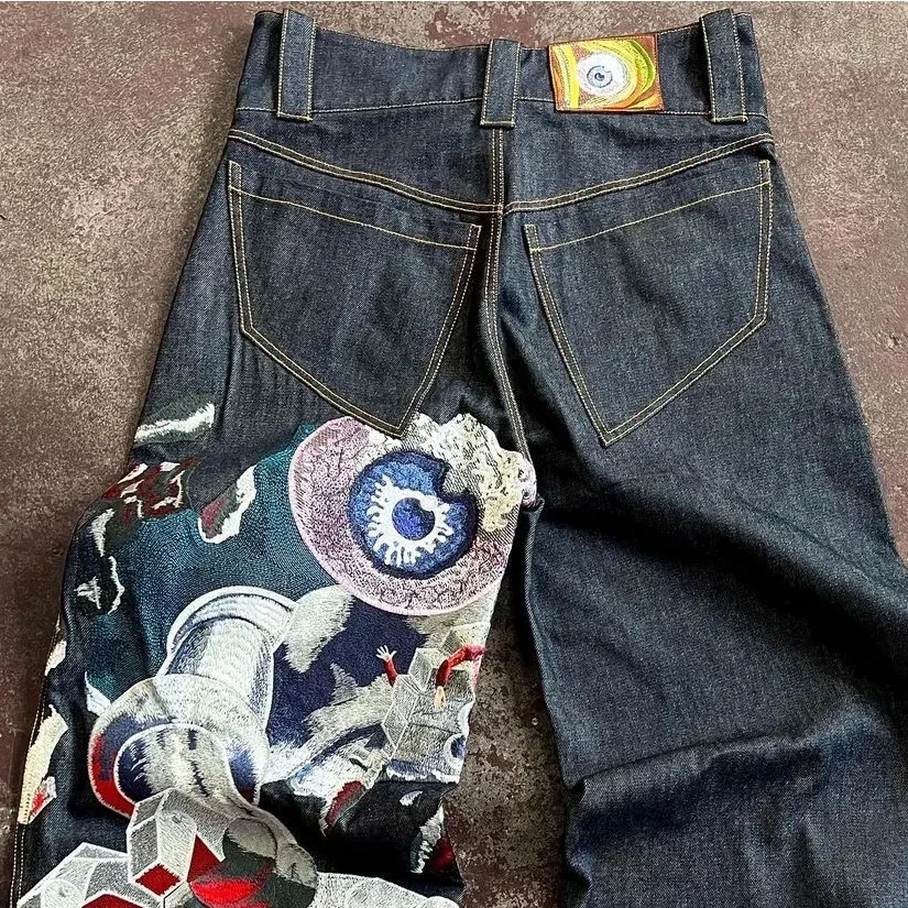 Streetwear Y2K Jeans Herren Damen Casual Hip Hop Punk Baggy Jeans Retro Übergroße Grafik Stickerei Hohe Taille Breite Bein Jeans