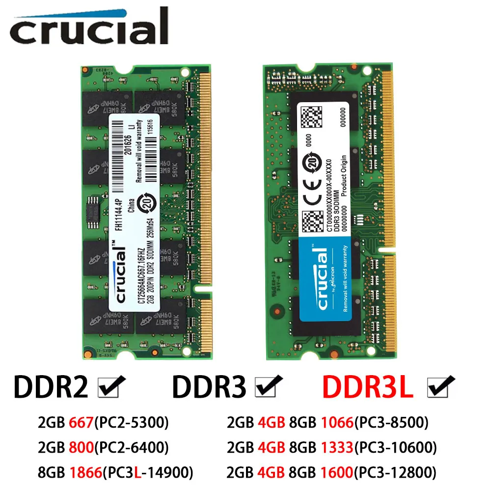 Crucial Arbeitsspeicher DDR3 DDR3L DDR2 Laptop-RAM 2GB 4GB 8GB 667 800 1066 1333 1600 1866MHz SODIMM PC2-5300 PC3-12800 Notebook 1,35/1,5V Image