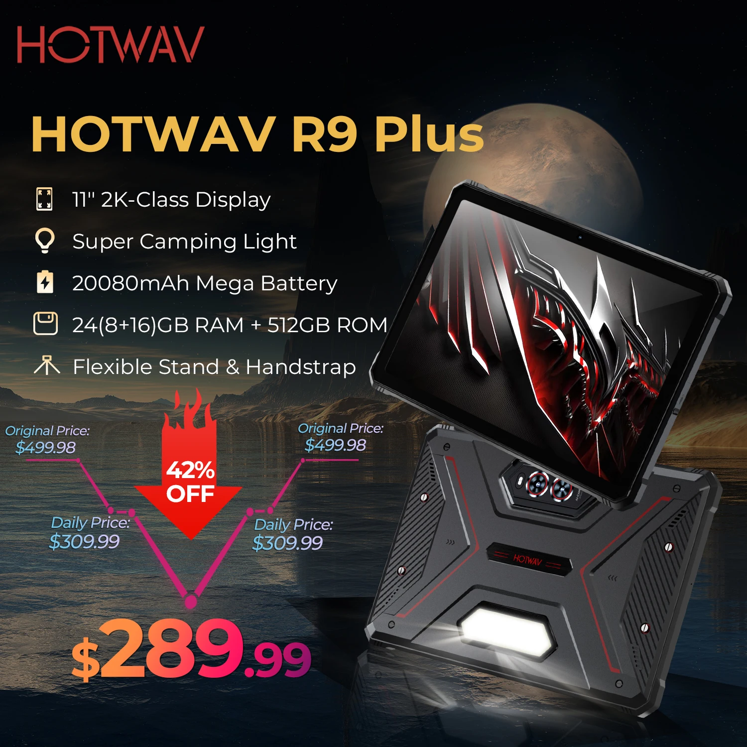 HOTWAV R9 Plus Robustes Tablet 20080 mAh Mega-Akku 11'' 2K Display Pad Android 14 8 GB 512 GB Tablet-PC mit Ständer und Handschlaufe