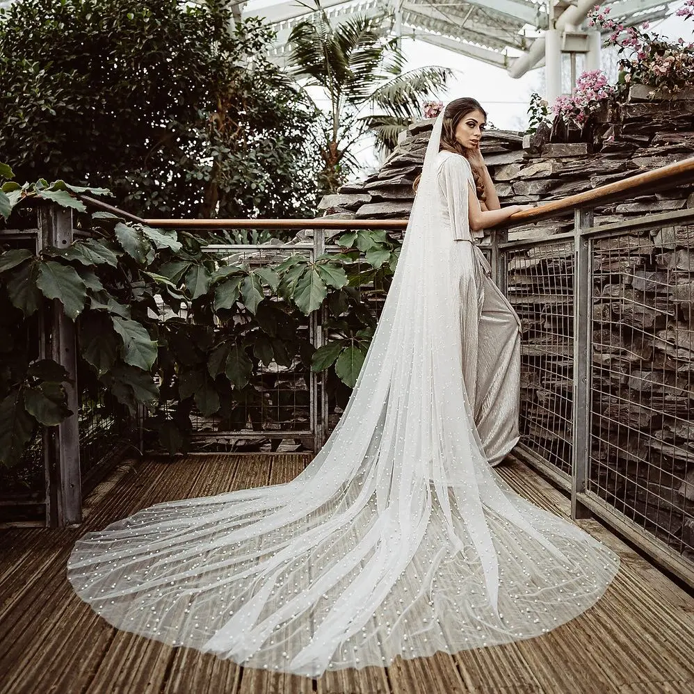 TOPQUEEN V09A 3 m breiter Perlen-Brautschleier, 5 m, Kathedralenlänge, einlagig, weicher Hochzeitsschleier, dichte Größe, Perlenperlenschleier, Kirche