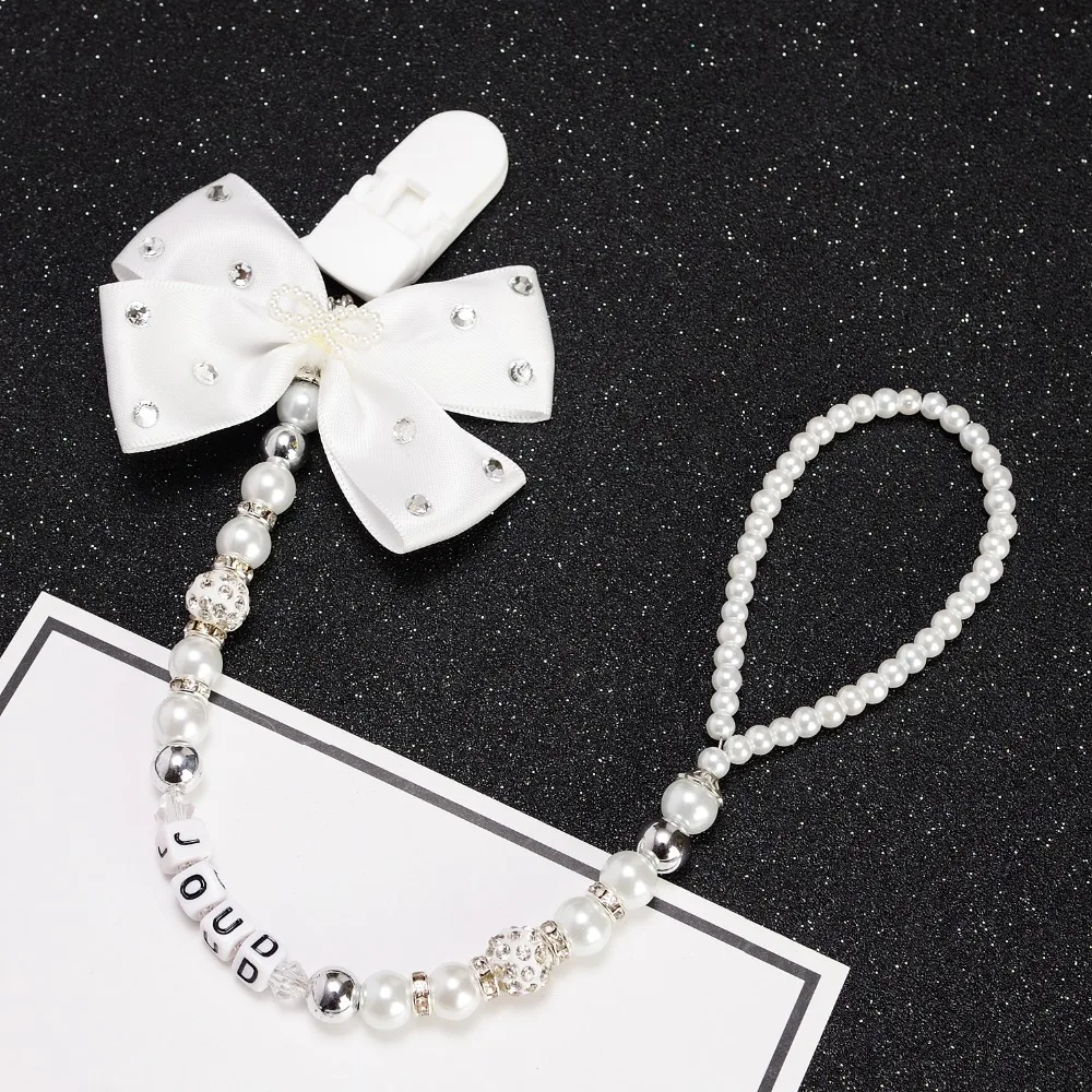 MIYOCAR Jede name Bling silber strass bogen rosa und splitter perlen dummy clip halter schnuller clips halter/Beißringe clip Image