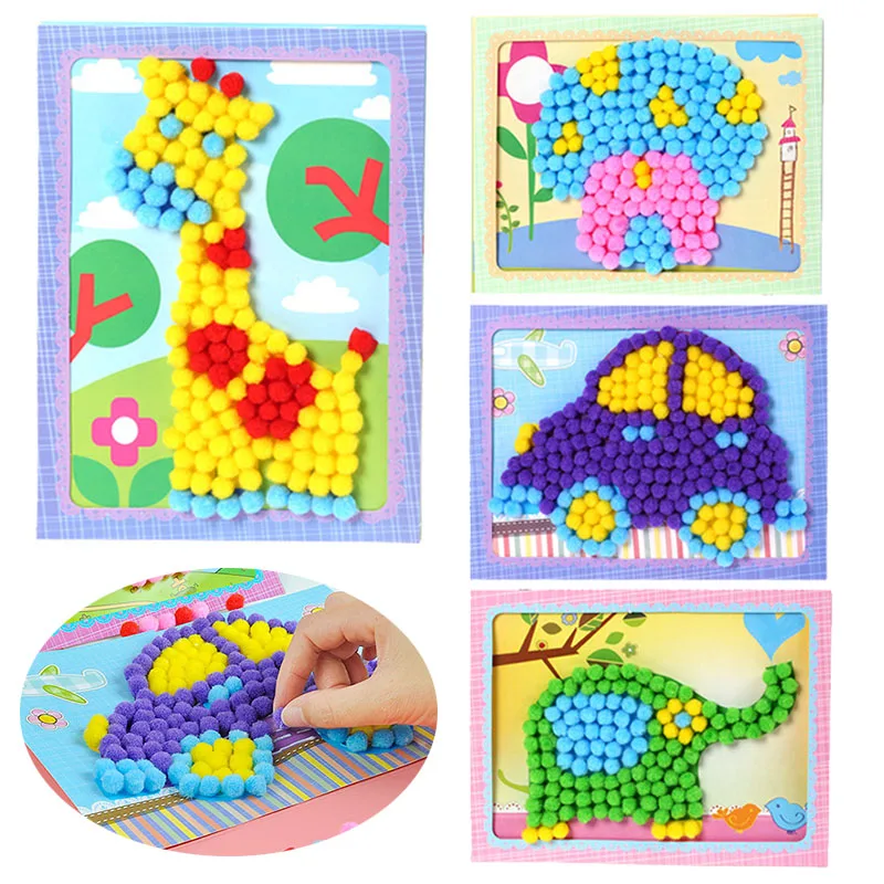 2PCS Kinder DIY Pompom Aufkleber Spielzeug Handgemachte Kreative Malerei Frühen Bildung Kinder Puzzle für Mädchen Jungen Geschenke TMZ Image