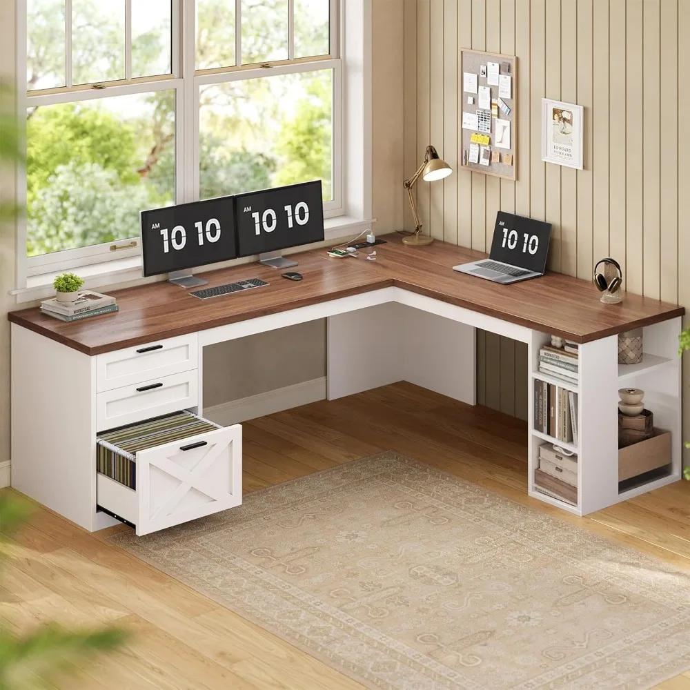 67-Zoll L-förmiger Schreibtisch mit 3 Schubladen, Home-Office-Schreibtische mit Ablagefächern, weißer Eck-Computertisch mit Steckdose Image