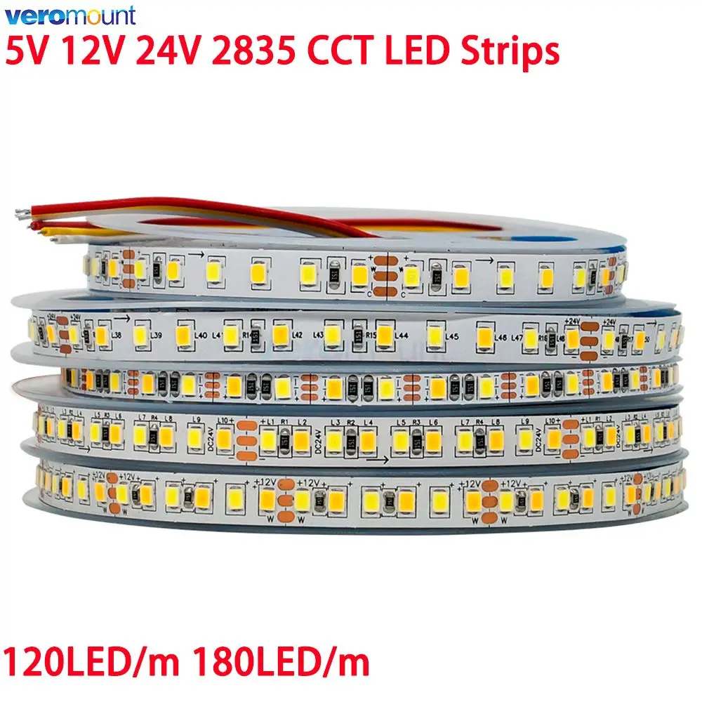 5 m zweifarbiges SMD 2835 CCT dimmbares LED-Streifenlicht 5 V 12 V 24 V DC WW CW Farbtemperatur einstellbares flexibles LED-Bandband Image