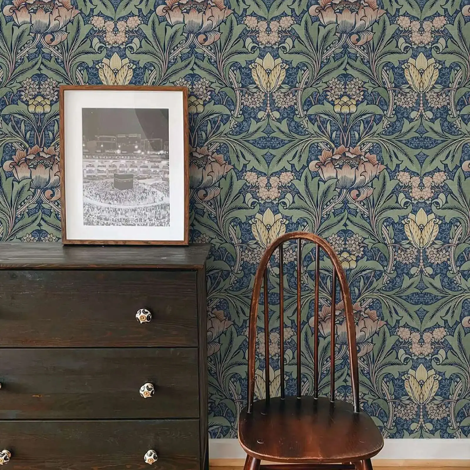 Morris Blumen tapete in blauer Farbe, Peel & Stick Tapete mit Vintage Damast Blumenmuster, Kinderzimmer Tapete, selbst klebend
