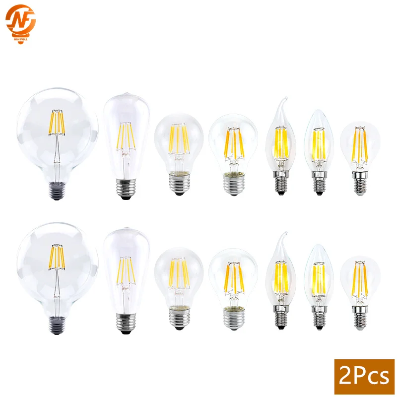 2 Stück E14 LED-Birne E27 220 V Filamentlicht A60 C35 ST64 G80 G95 Edison Glasbirne Retro Antik Vintage Stil Kaltweiß Warm Image