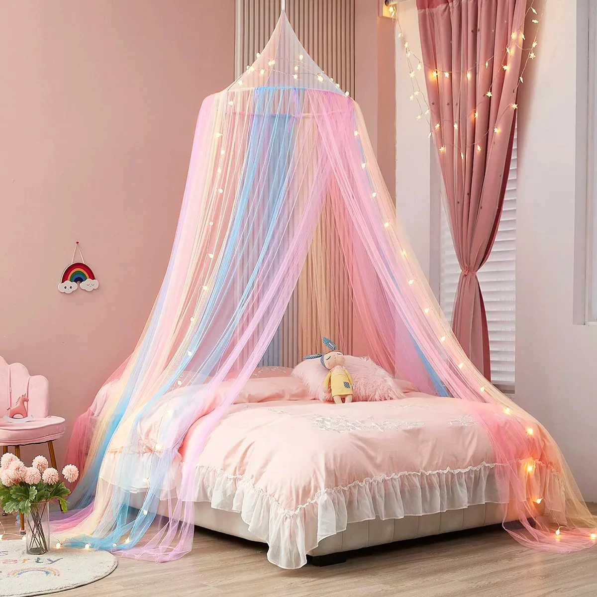 Regenbogen-Bettüberdachung Polyester-Moskitonetz Prinzessinnen-Bettvorhänge für die Decke Schlafzimmerdekoration für Mädchen Image