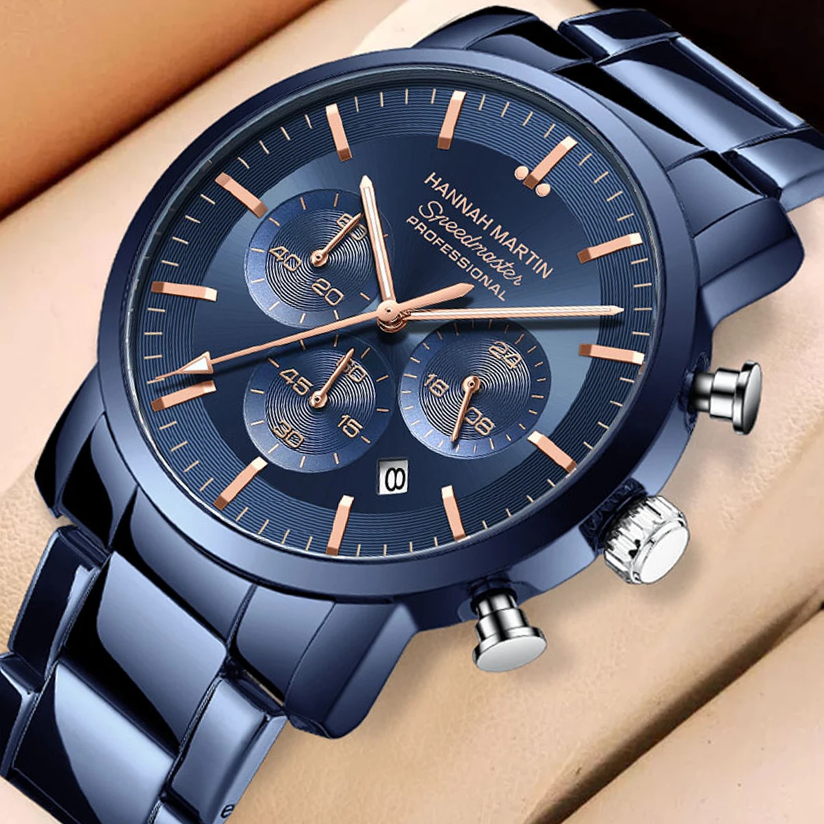 2024 neue multifunktionale Uhr Hannah Martin Marke 46 mm Blau Silber Edelstahl Freizeit Quarz Timing Uhr Kostenloser Versand