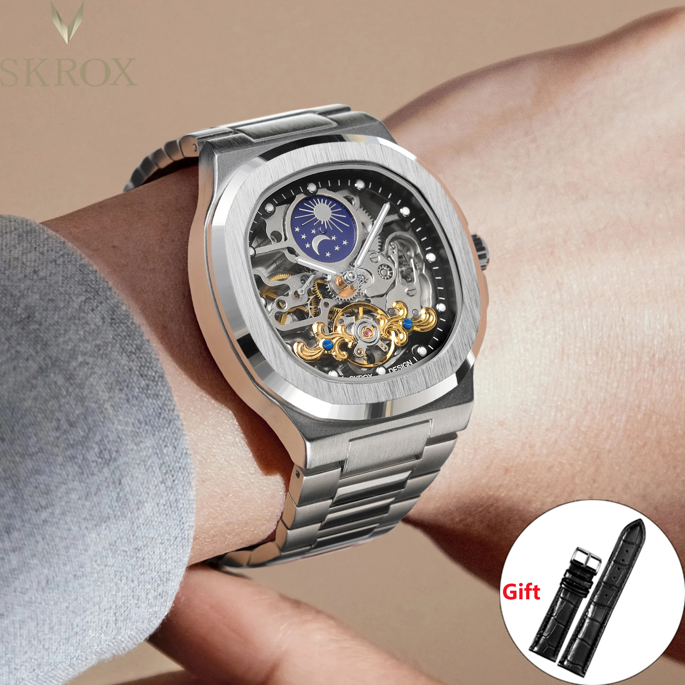 2026 Hochwertige Luxus SKROX Quadratische Herrenuhr Saphir Edelstahl Skelett Mondphase Klassisches Automatikwerk Herrenuhren Image