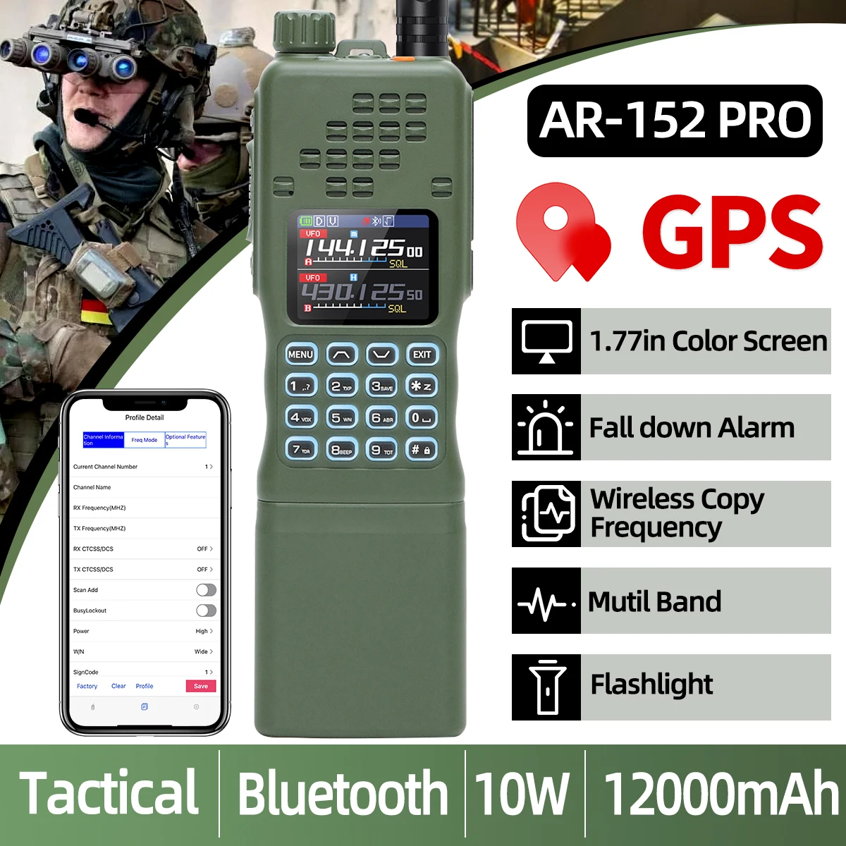 BAOFENG Tactical AR-152 PRO GPS Walkie Talkie Bluetooth-Programmierung Multi Band 12000 mAh Tri-Power-Amateurfunk mit großer Reichweite Image