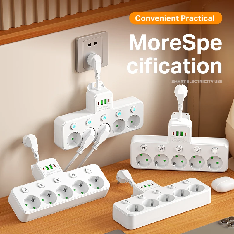 EU-Stecker 4/5 AC-Steckdosenleiste Mehrfachsteckdose Universelle Netzwerkfilter USB-Ladegerät mit Separatem Schalter Adapter Image