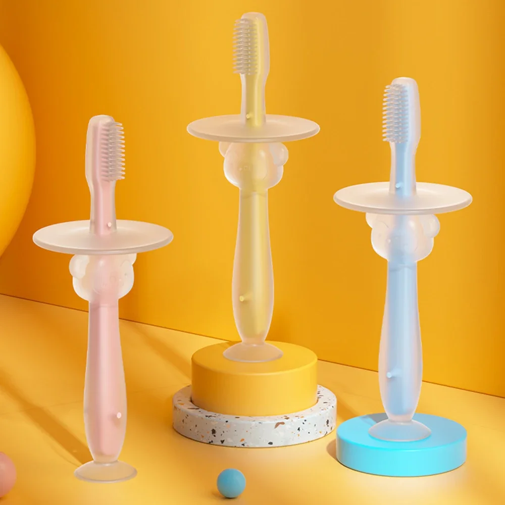1PC 100% Food Grade Weichen Griff Flexible Silikon Gummi Beißring Infant Training Baby Zahnbürste Fabrik Preis Image