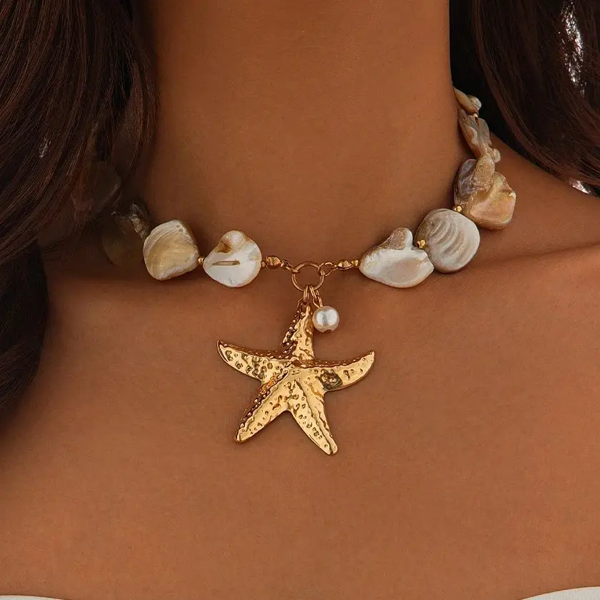 KunJoe Boho Gold Farbe Große Seestern Anhänger Halskette für Frauen Vintage Imitation Perle Conch Kette Kurze Halsband Kragen Kette