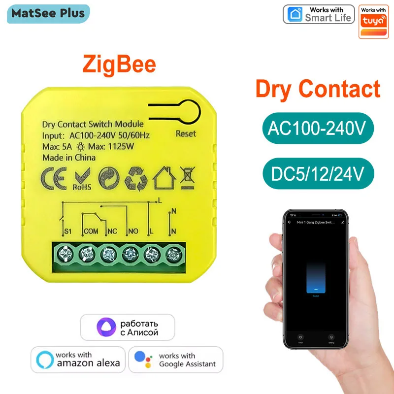 Intelligenter ZigBee WiFi Trockenkontakt-Schalter Relais 5A App-Fernbedienung Zeitsteuerung AC100-240V Kompatibel mit Tuya Google Home Alexa Image