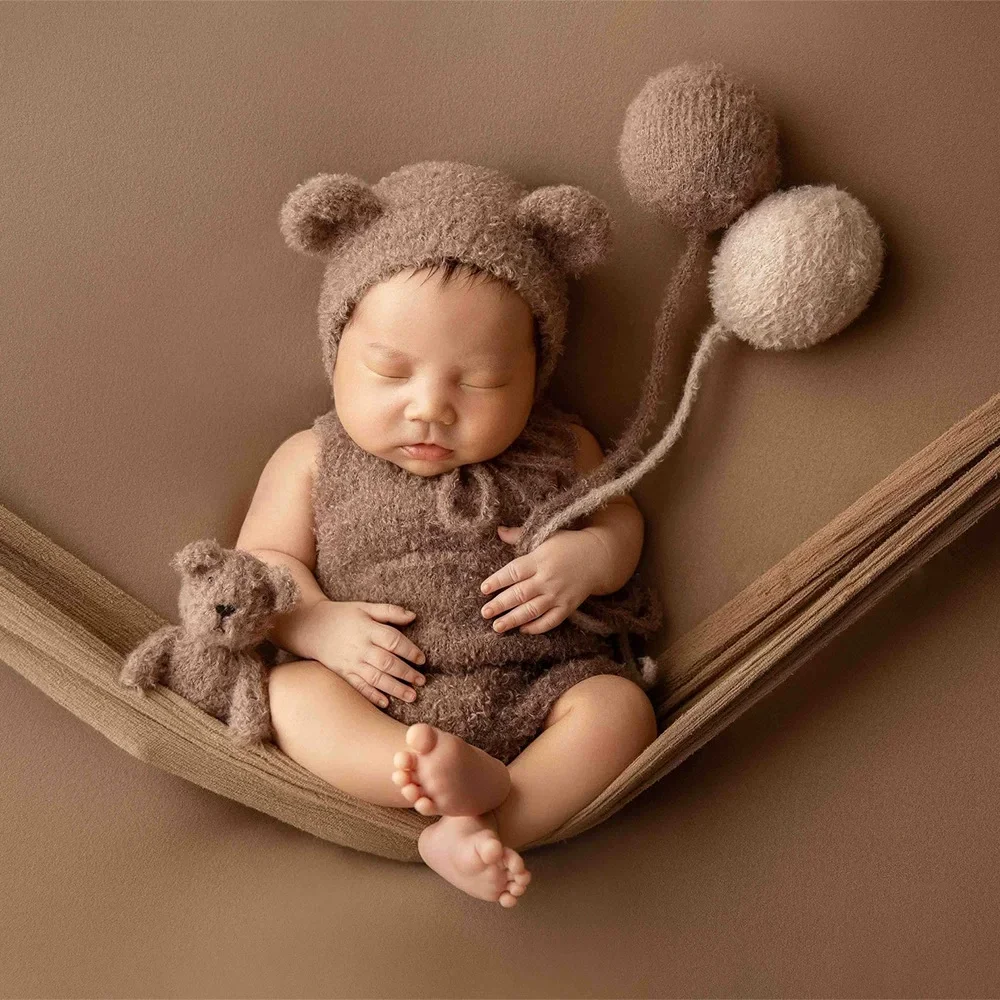 Schöne Bär Puppe Ballon Prop Baby Fotografie Dekoration handgemachte gestrickte Tier Säugling Spielzeug braun Baby Fotografie Zubehör