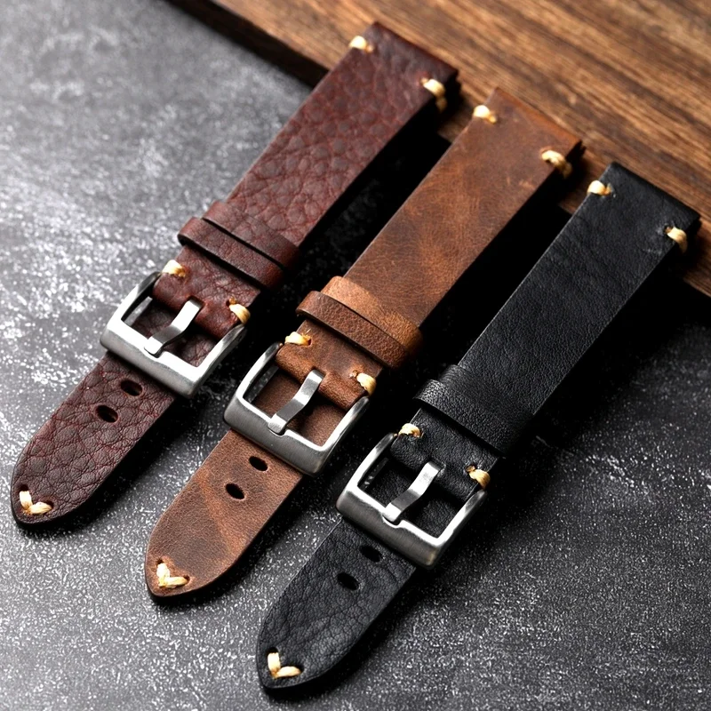 Vintage Handgefertigtes Echtleder-Uhrenarmband 18 20 22MM Antik Braun Schwarz Weiches Herren-Uhrenarmband
