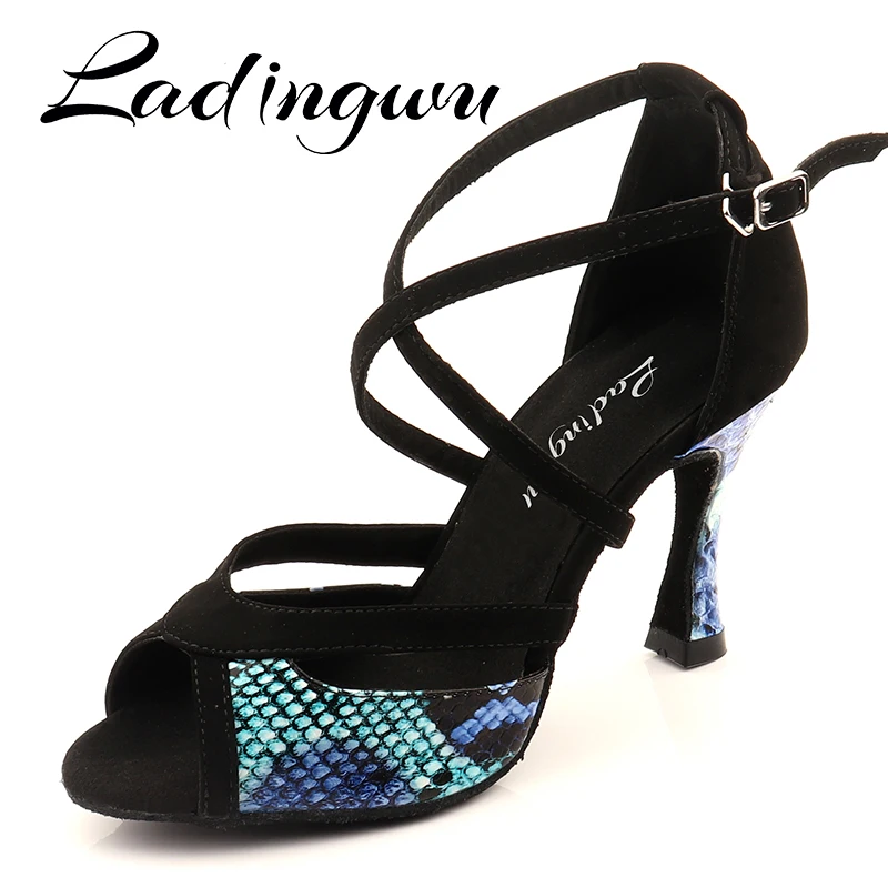 Ladingwu Latin Dance Schuhe Für Frauen Schwarz Wildleder und Blau Schlange Muster PU Salsa Dance Schuhe frauen Ballroom Dance sandalen