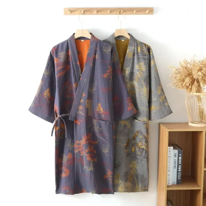 Herren-Kimono-Bademantel aus Baumwolle für den Frühling, Jacquard-bedruckte Hauskleidung, mittellang, übergroß, atmungsaktiver Bademantel Image