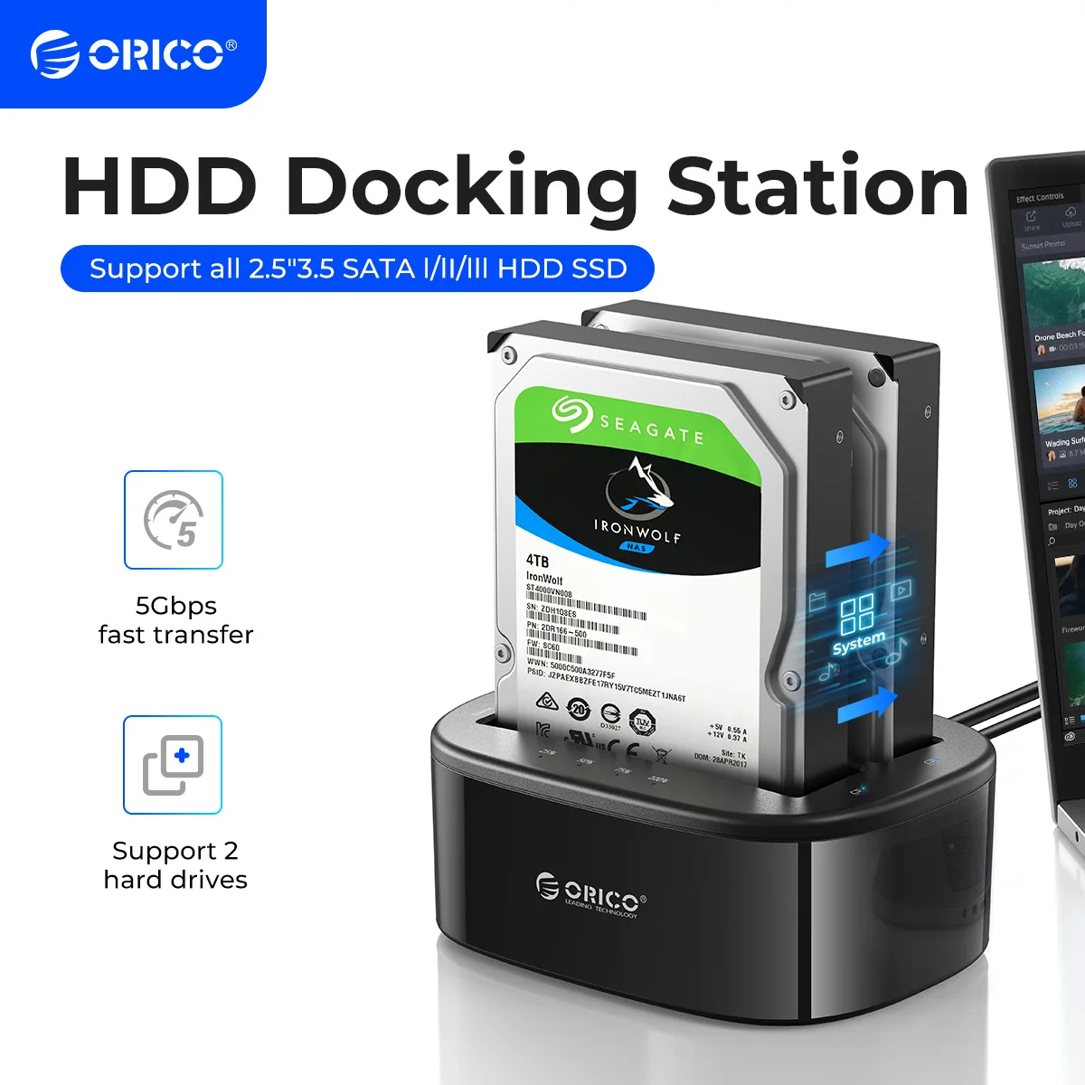 ORICO Dual-Bay-Festplatten-Dockingstation für 2,5/3,5 Zoll HDD SSD SATA auf USB 3.0 HDD-Dockingstation mit 12V3A-Netzteil Image