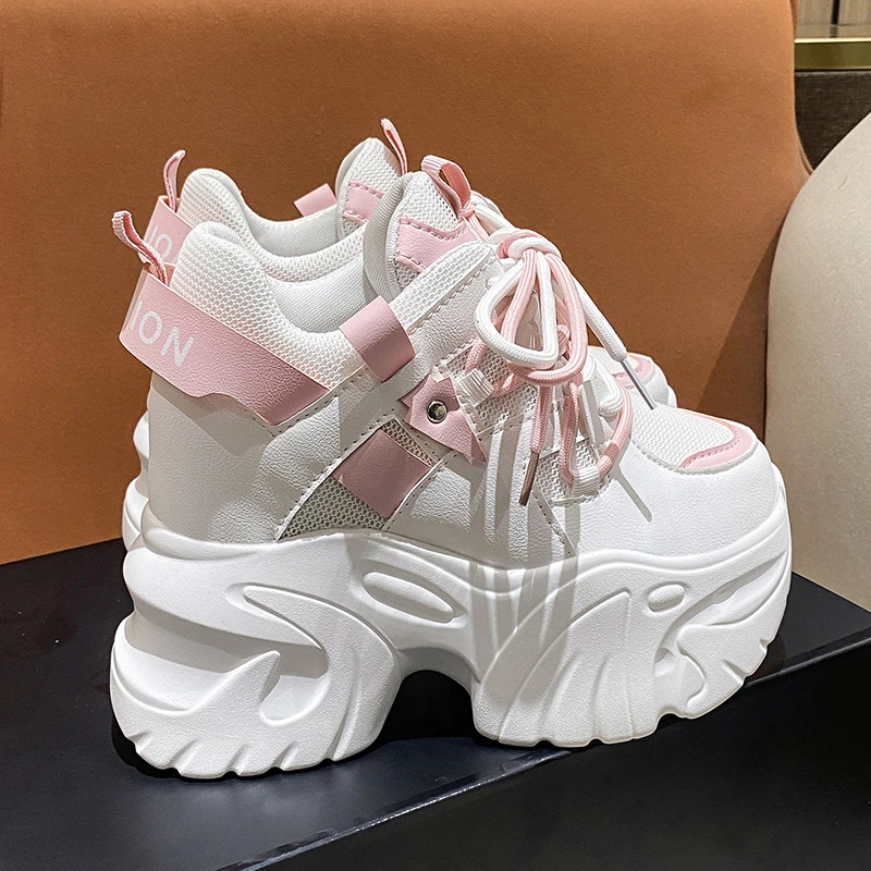 10,5 CM Frauen Plattform Turnschuhe Spitze-up Herbst Sport Papa Schuhe High Top Chunky Casual Schuhe Frau Dicken Boden mesh Weiße Schuhe