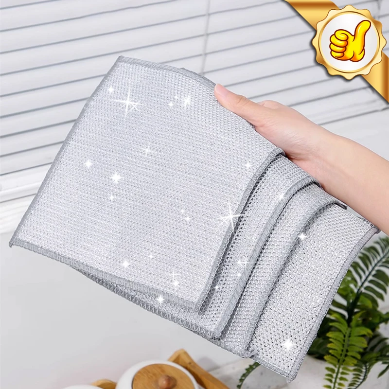 10/20Pcs Reinigung Produkte Geschirrtuch Silber Draht Reinigung Küche Tuch Verdickt Mikrofaser Waschen Handtuch Eingebaute Schwamm Ball Lappen Image