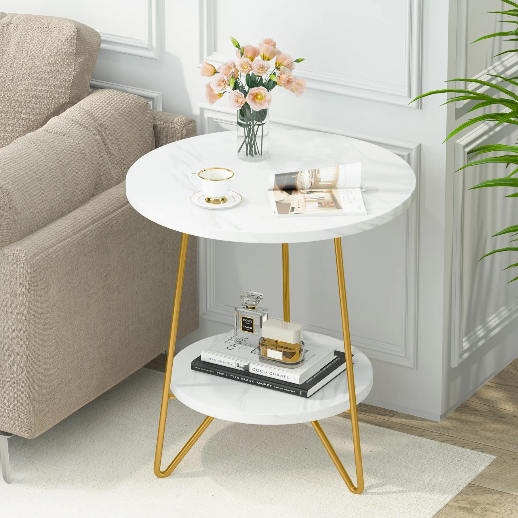 Tribesigns 2-stufiger Beistelltisch aus Kunstmarmor, runder Beistelltisch mit Regalen, kleiner Kaffee-Akzenttisch für Wohnzimmer, Weiß und Gold Image