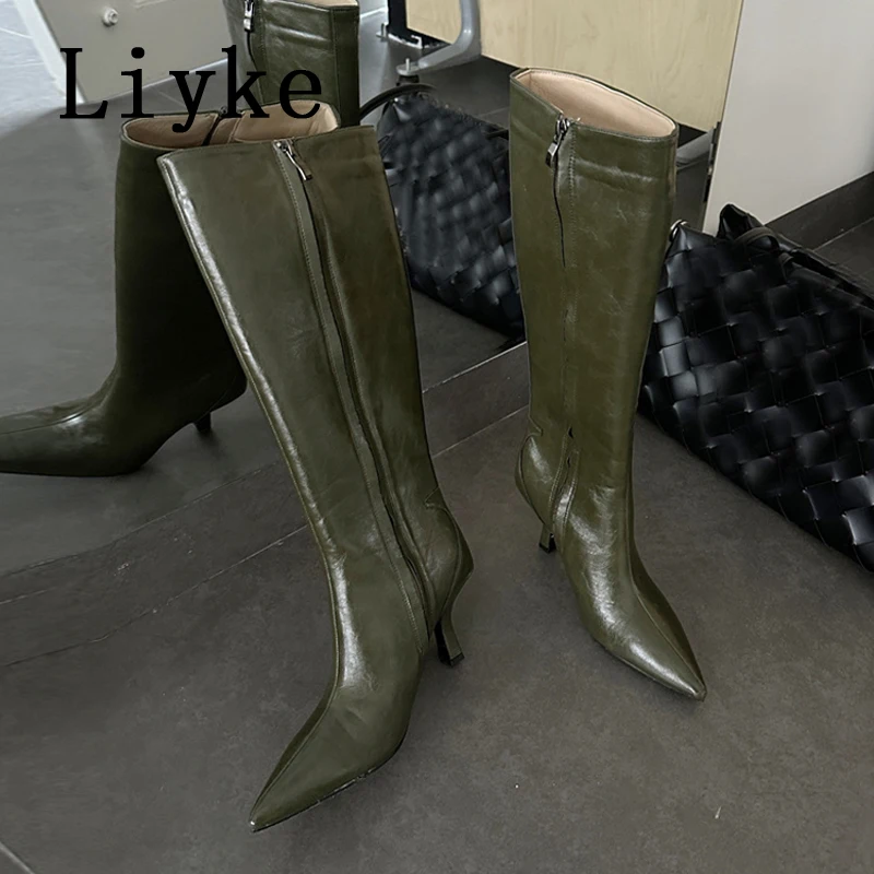 Liyke Neue Grüne Schuhe Für Frau Kniehohe Stiefel Elegante Spitz Zip Mode Booties Weibliche Party Niedrigen Dünnen Absätzen Größe 35-43