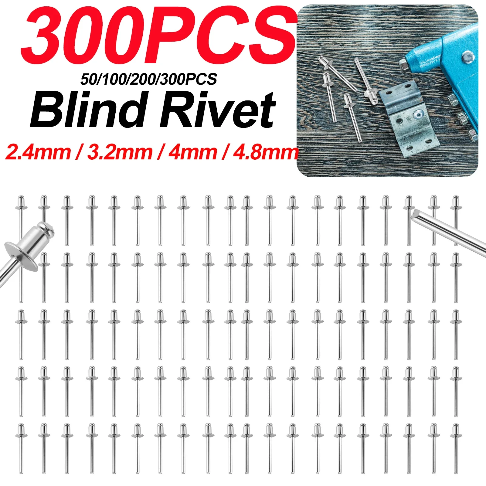 300–50 Stück 2,4 mm/3,2 mm/4 mm/4,8 mm 304 Aluminiumlegierung Blindniet Pop Rundkopf Zugniet Dekoration Nagelniete Auspuffniet Image