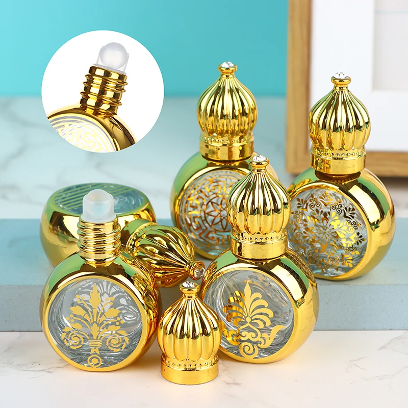 10 ml Mini-Rollerflasche für ätherische Öle, goldene Kronenform, Parfümabfüllung, tragbar, für Reisen, galvanisiert, geschnitzt, leere Glasflasche Image
