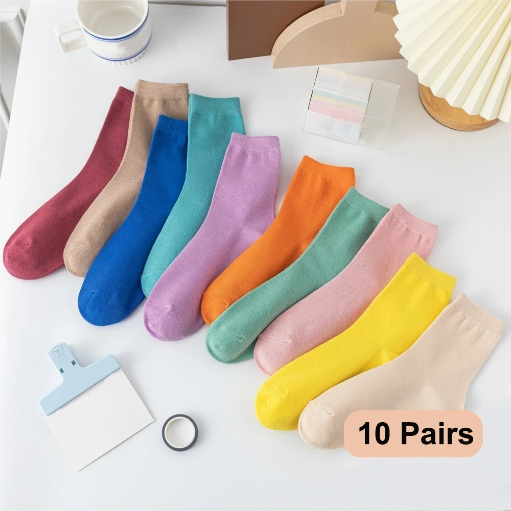 10 Paare/los Neue Frau Baumwolle Socken Männer Socke Einfarbig Herbst Frühling Für Weibliche Weiche Atmungsaktive Bunte Mädchen Image