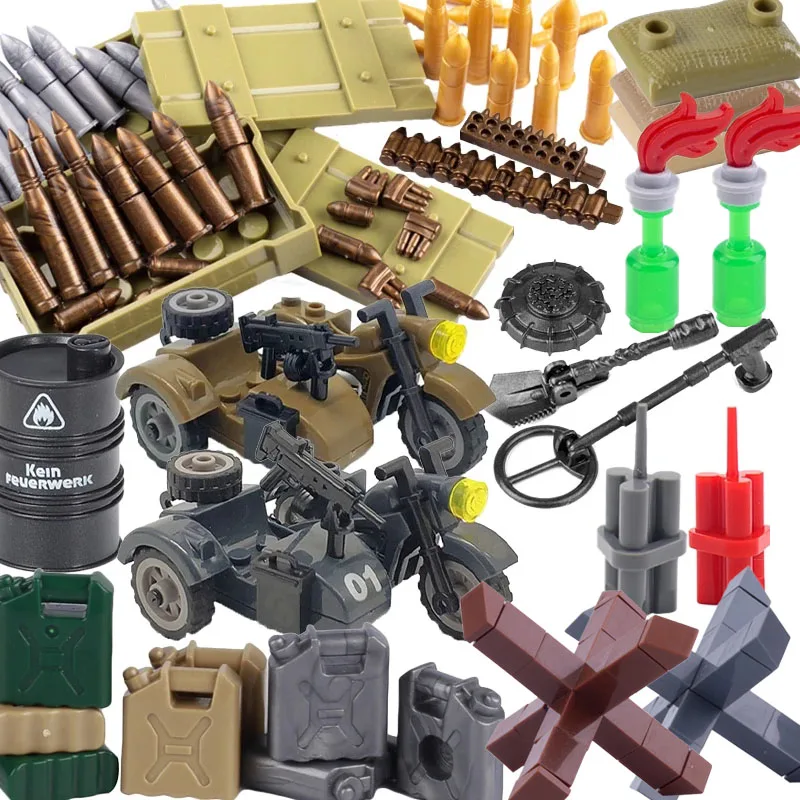 MOC WW2 Militär-Ölfass Waffenkiste Bausteine Kriegsszene Zubehör Kugel Motorrad Sandsack Bausteine Spielzeug Image