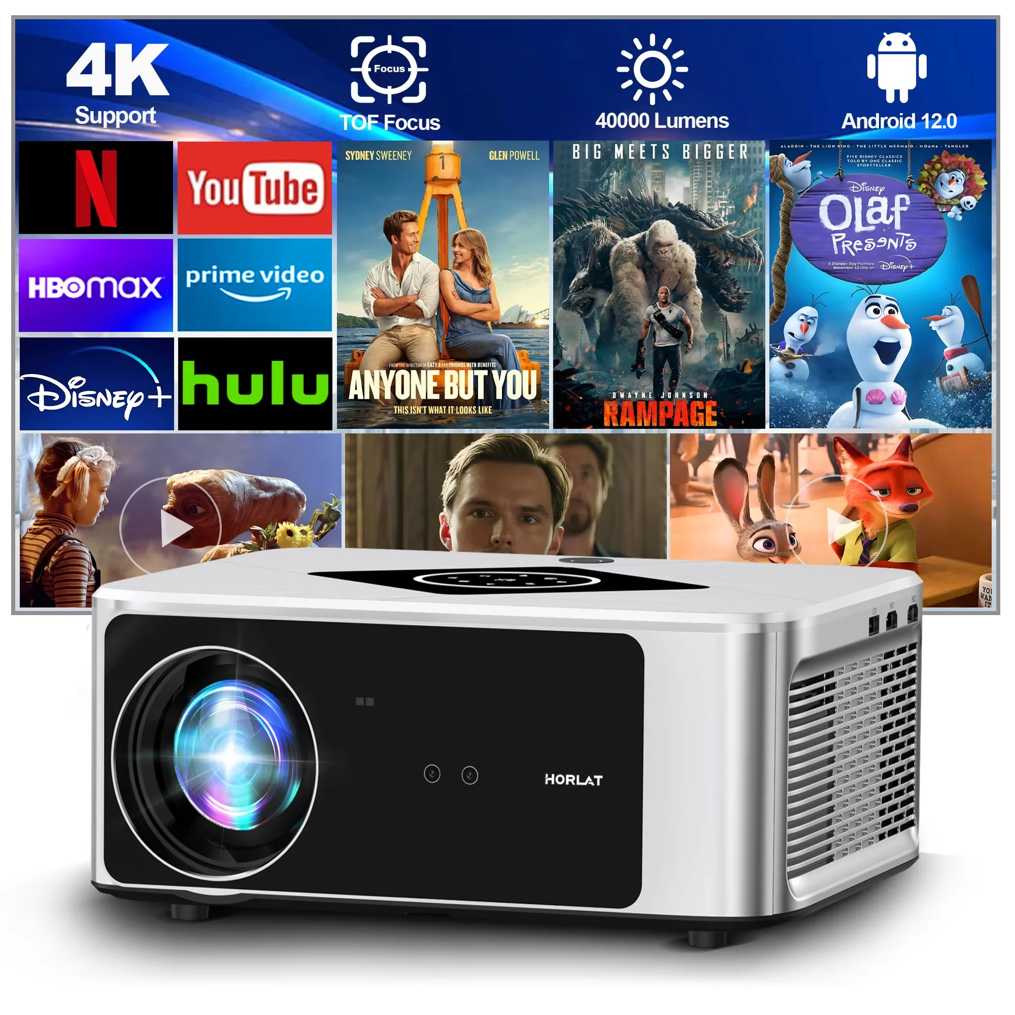HORLAT Projektor 2000 Ansi Lumen Full HD 1080P 4K Video Autofokus & Keystone Heimkino 5G WLAN Tragbarer TV-Projektor Weihnachten Image