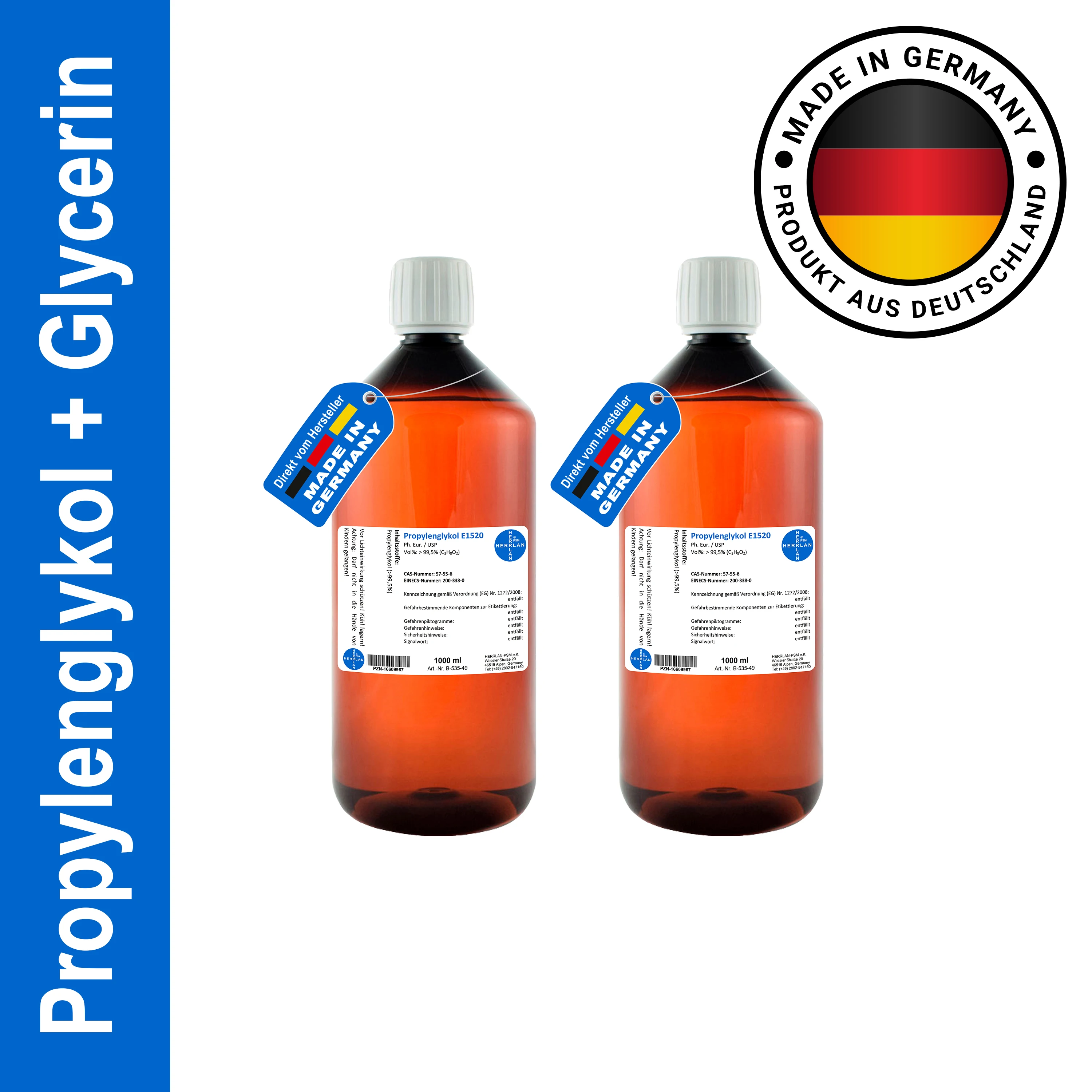 HERRLAN® Glycerin 99,5% + Propylenglykol 99,5% – 2 x 1000 ml Set in höchster Pharmaqualität - Für Cremes, Lotionen, Gels Image