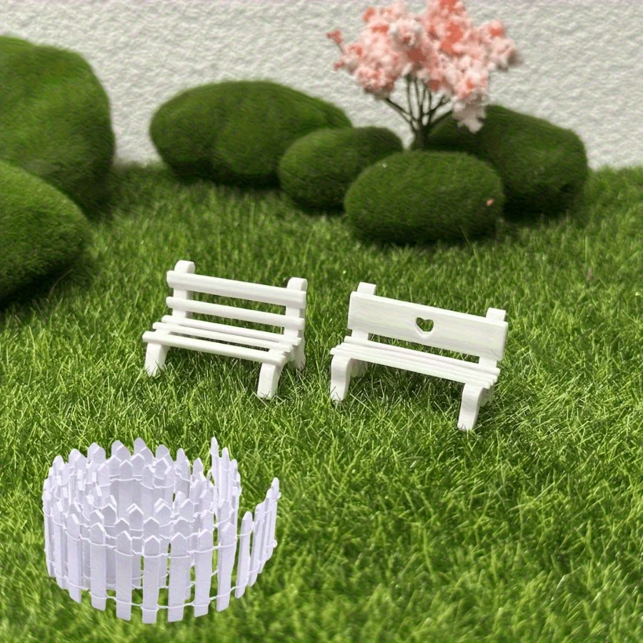 Park weiße Bank und Holzzäune, Mikrolandschaft, Sandkasten-Ornamente, Fotografie-Requisiten, DIY-Kunsthandwerk | Miniaturlandschaft, Feengarten Image