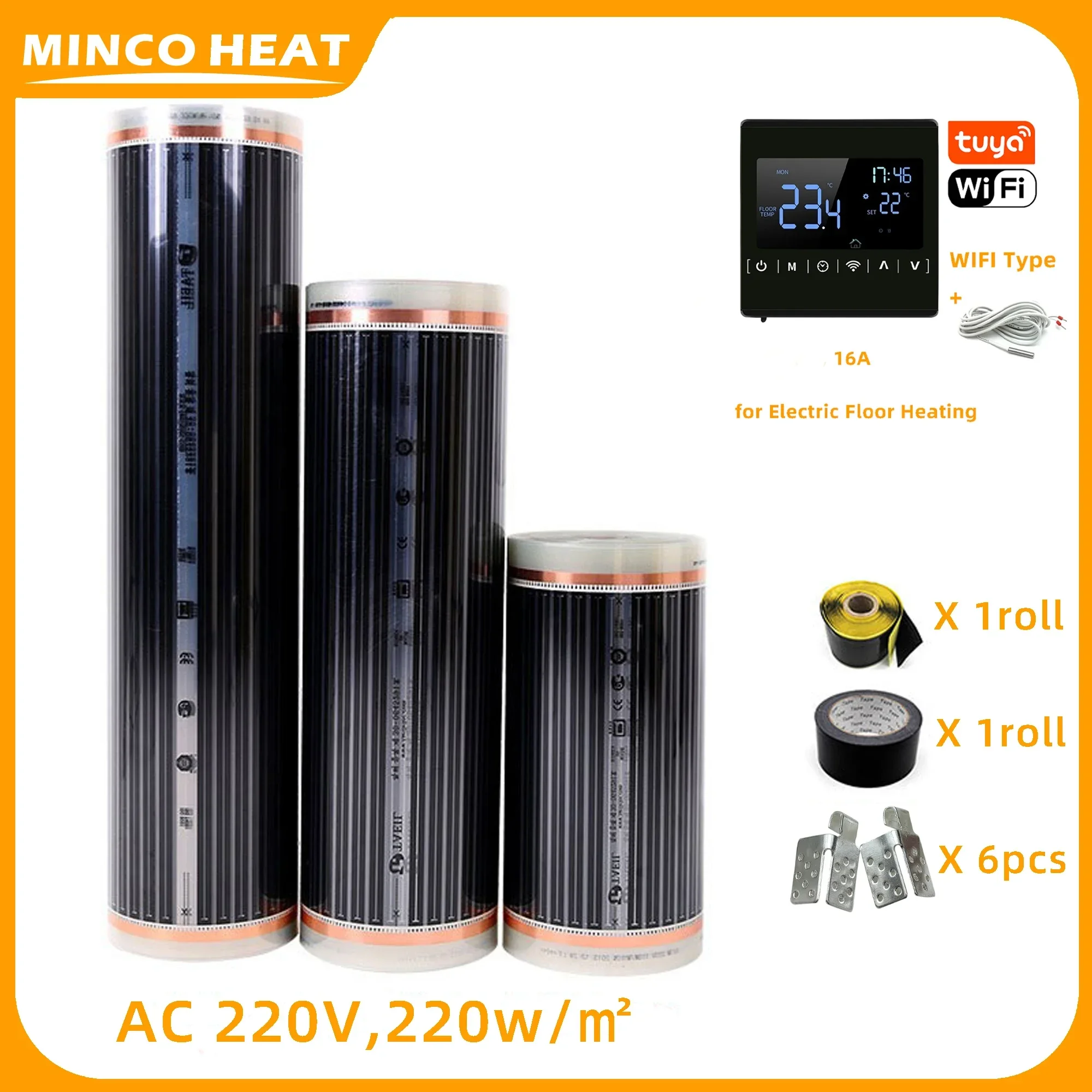 Minco Heat Infrarot-Fußbodenheizungsfolie 220 V 50/80/100 cm Breite 5 ㎡ mit Fußbodenheizungsthermostat Image