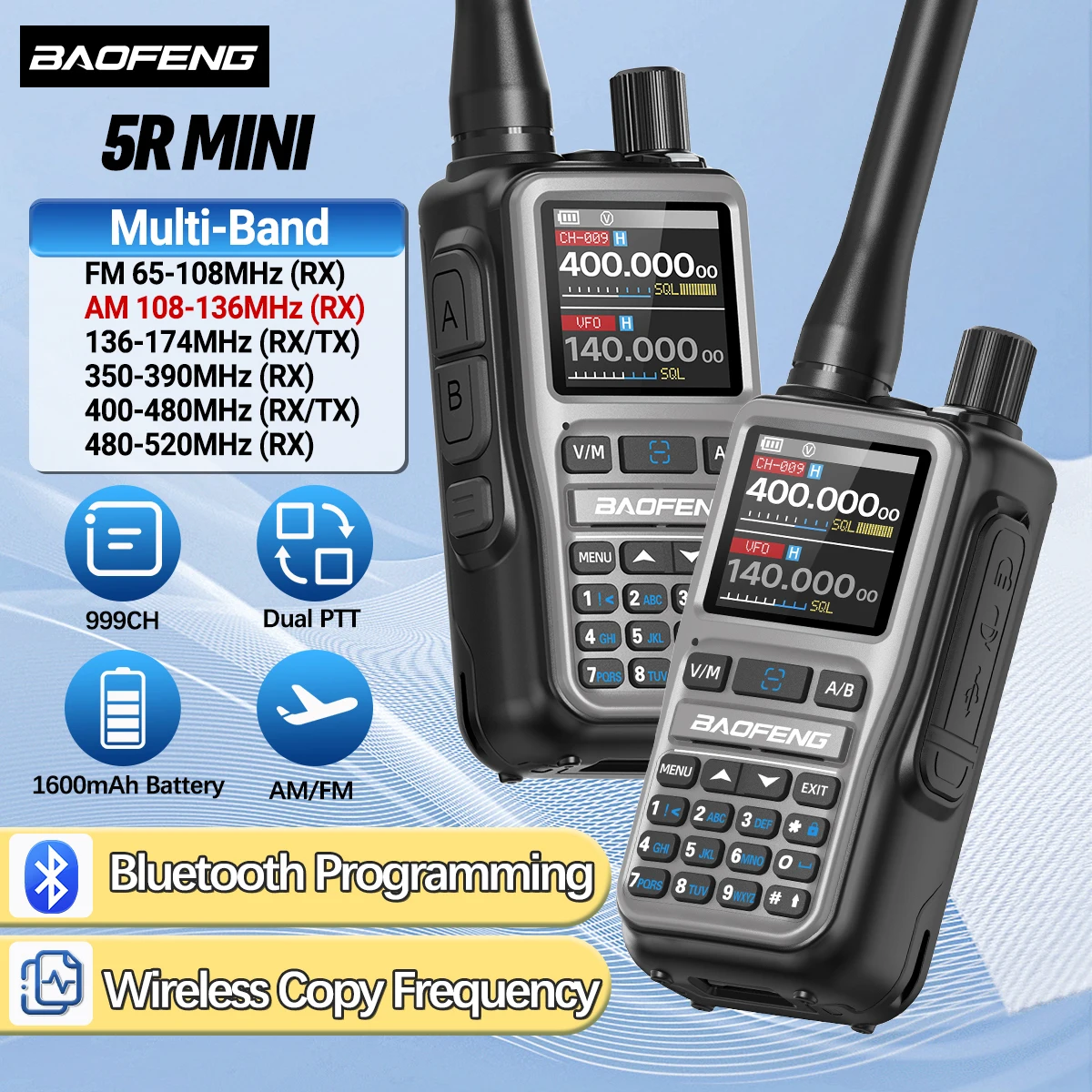 BAOFENG UV-5R Mini Walkie Talkie Multi Band Bluetooth Programmierung Drahtlose Kopierfrequenz 999CH AM FM Long Range Two Way Radio Image