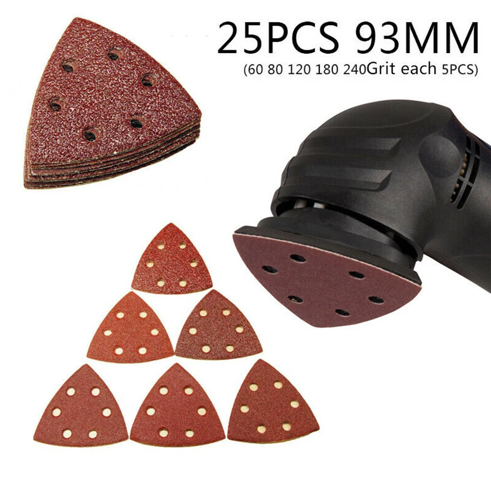 25 stücke 93mm Schleifpapier 60/80/120/180/240Grit Dreieck Schleifpads Set 6 Staub Extraktion Loch für Sander Schleif Werkzeuge Image